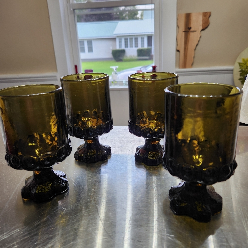 Tiffin Franciscan Madeira footed goblet in Olive Green, 4 7/8" tall, Set Of 4